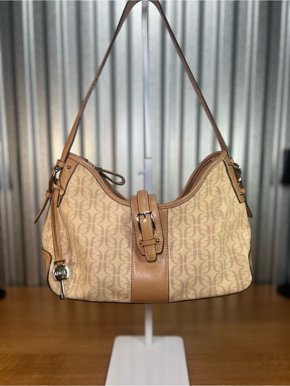 Fossil Signature Monogram Tan Canvas Leather Shoulder Bag Purse